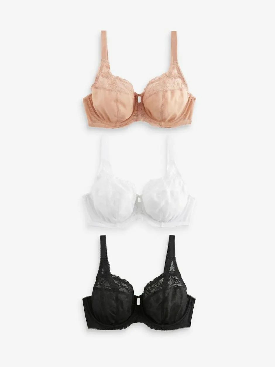 Next DD+ Lace Trim Non Pad Full Cup Underwired Bras 3 Pack Black/White/Praline Nude Sale