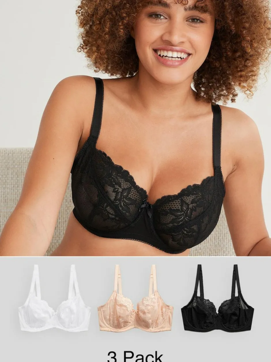 Next Black/White/Praline Nude Non Pad Balcony DD+ Lace Bras 3 Pack Clearance