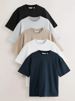 Next Relaxed Fit Heavyweight T-Shirts 5 Pack Black/White/Stone/Navy/Grey Sale