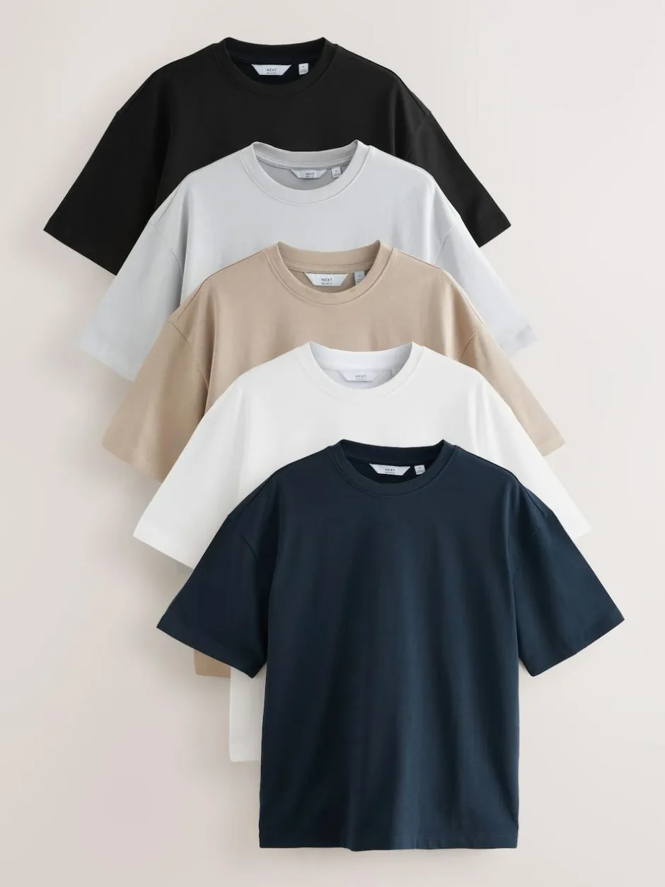 Next Relaxed Fit Heavyweight T-Shirts 5 Pack Black/White/Stone/Navy/Grey Sale