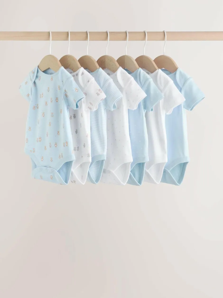 Next Blue 7 Pack Short Sleeve Baby Bear Bodysuit Clearance