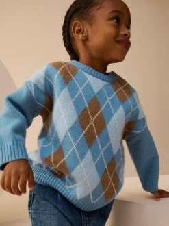Next Knitted Crew Neck Cotton Jumper (3mths-7yrs) Blue Argyle New