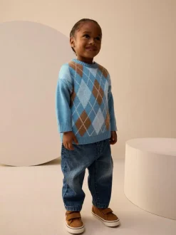 Next Knitted Crew Neck Cotton Jumper (3mths-7yrs) Blue Argyle New