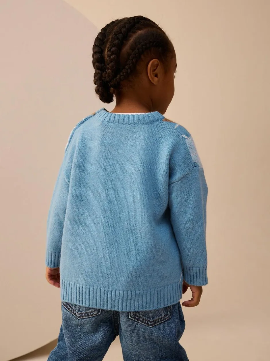 Next Knitted Crew Neck Cotton Jumper (3mths-7yrs) Blue Argyle New