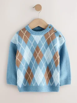 Next Knitted Crew Neck Cotton Jumper (3mths-7yrs) Blue Argyle New