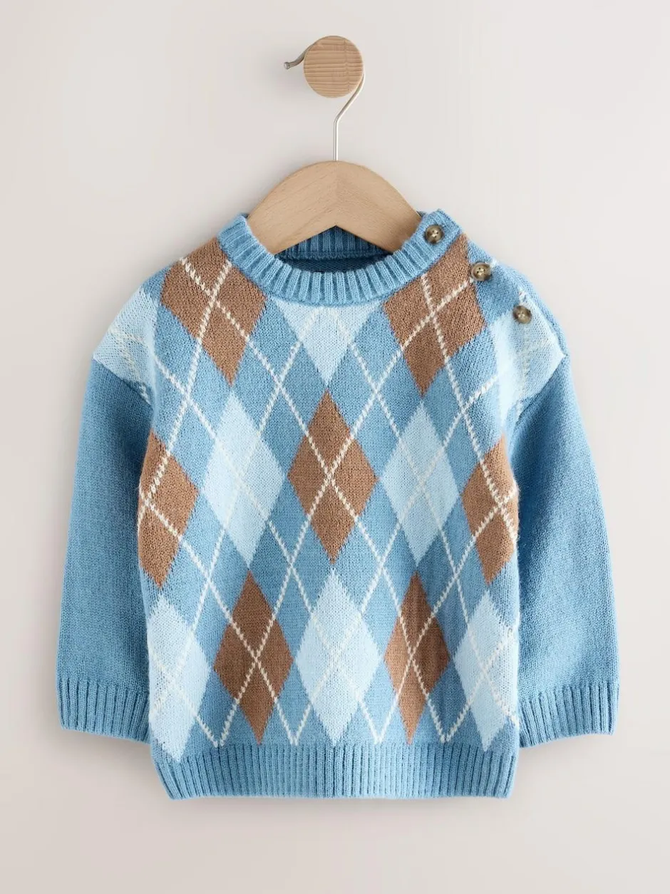 Next Knitted Crew Neck Cotton Jumper (3mths-7yrs) Blue Argyle New