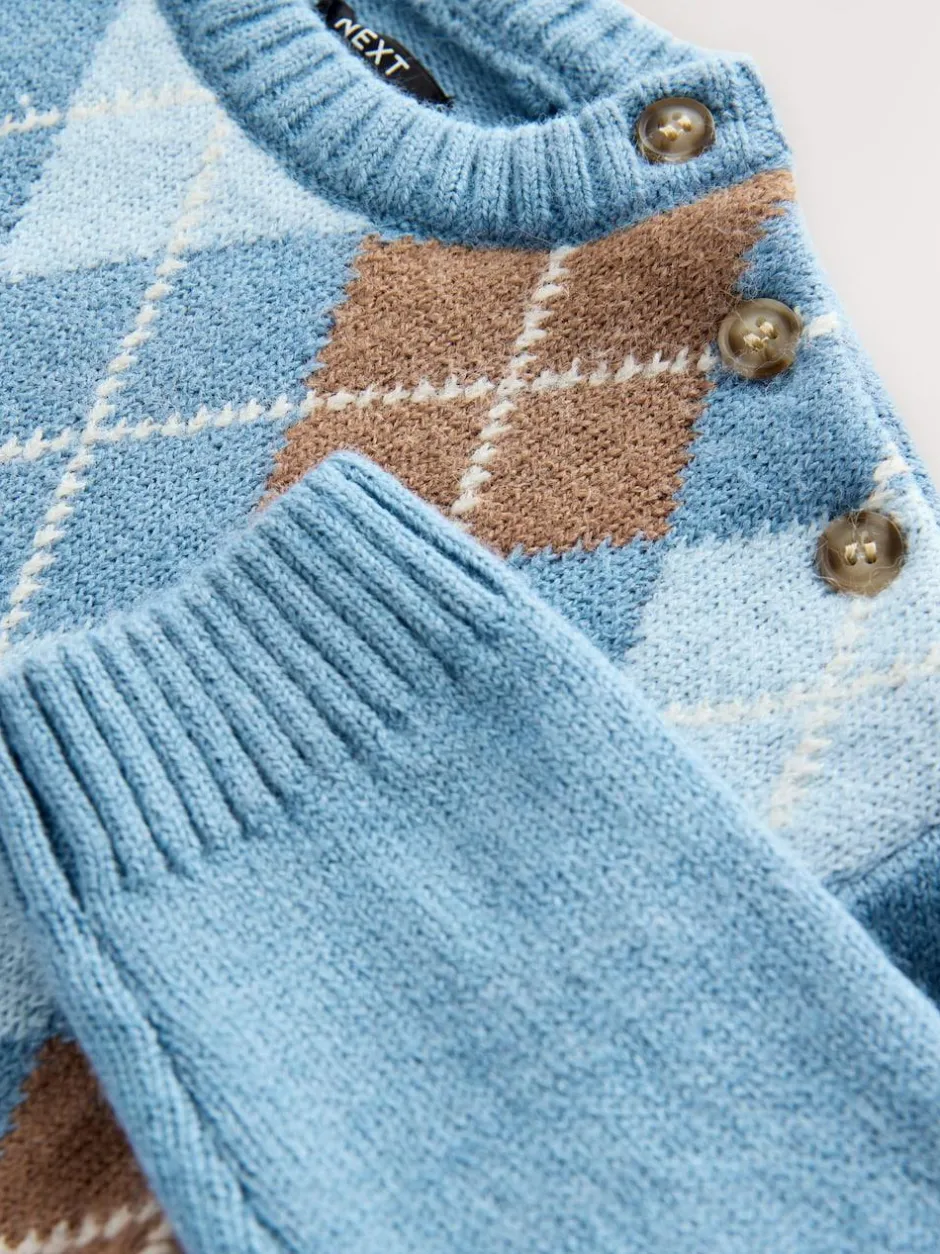 Next Knitted Crew Neck Cotton Jumper (3mths-7yrs) Blue Argyle New