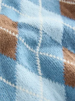 Next Knitted Crew Neck Cotton Jumper (3mths-7yrs) Blue Argyle New