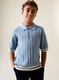 Next Button Neck Knitted Polo Shirt (3-16yrs) Blue Outlet