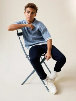 Next Button Neck Knitted Polo Shirt (3-16yrs) Blue Outlet