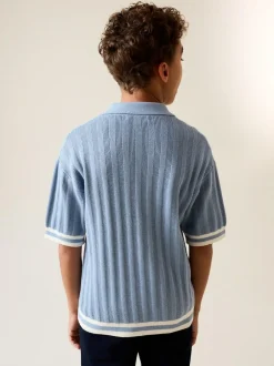 Next Button Neck Knitted Polo Shirt (3-16yrs) Blue Outlet