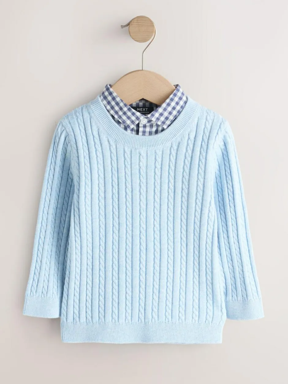 Next Blue Cable Knit Mock Shirt Jumper (3mths-7yrs) Outlet