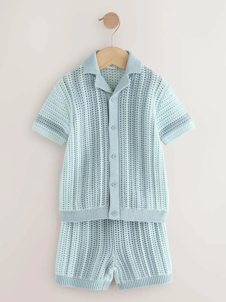 Next Blue Crochet Knitted Short Sleeve Shirt and Shorts Set (3mths-10yrs) Outlet