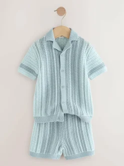 Next Blue Crochet Knitted Short Sleeve Shirt and Shorts Set (3mths-10yrs) Outlet