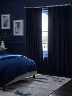 Next Blue Dark Navy Matte Velvet Pencil Pleat Blackout/Thermal Curtains Hot