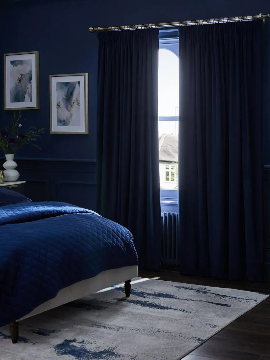 Next Blue Dark Navy Matte Velvet Pencil Pleat Blackout/Thermal Curtains Hot