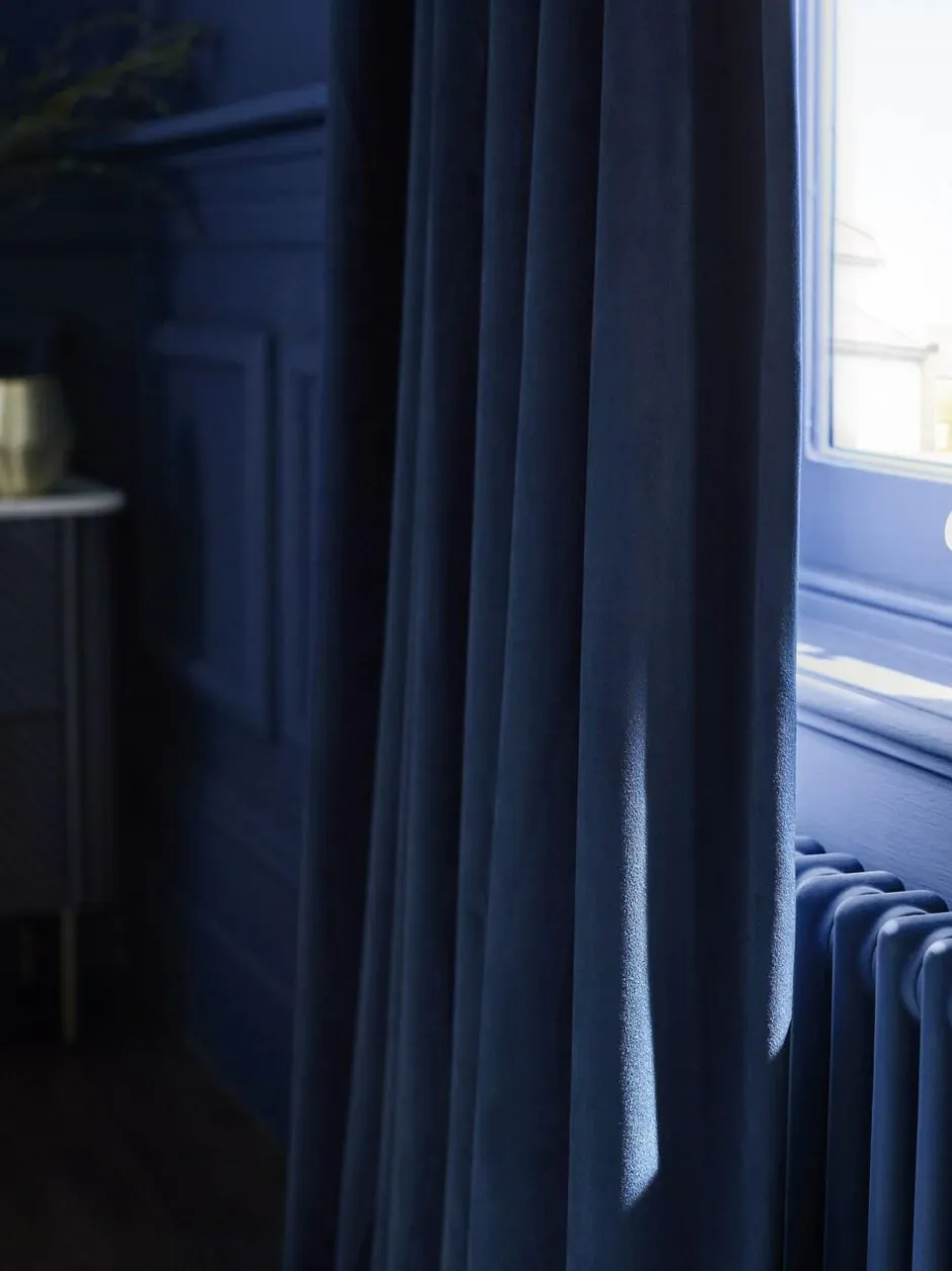 Next Blue Dark Navy Matte Velvet Pencil Pleat Blackout/Thermal Curtains Hot