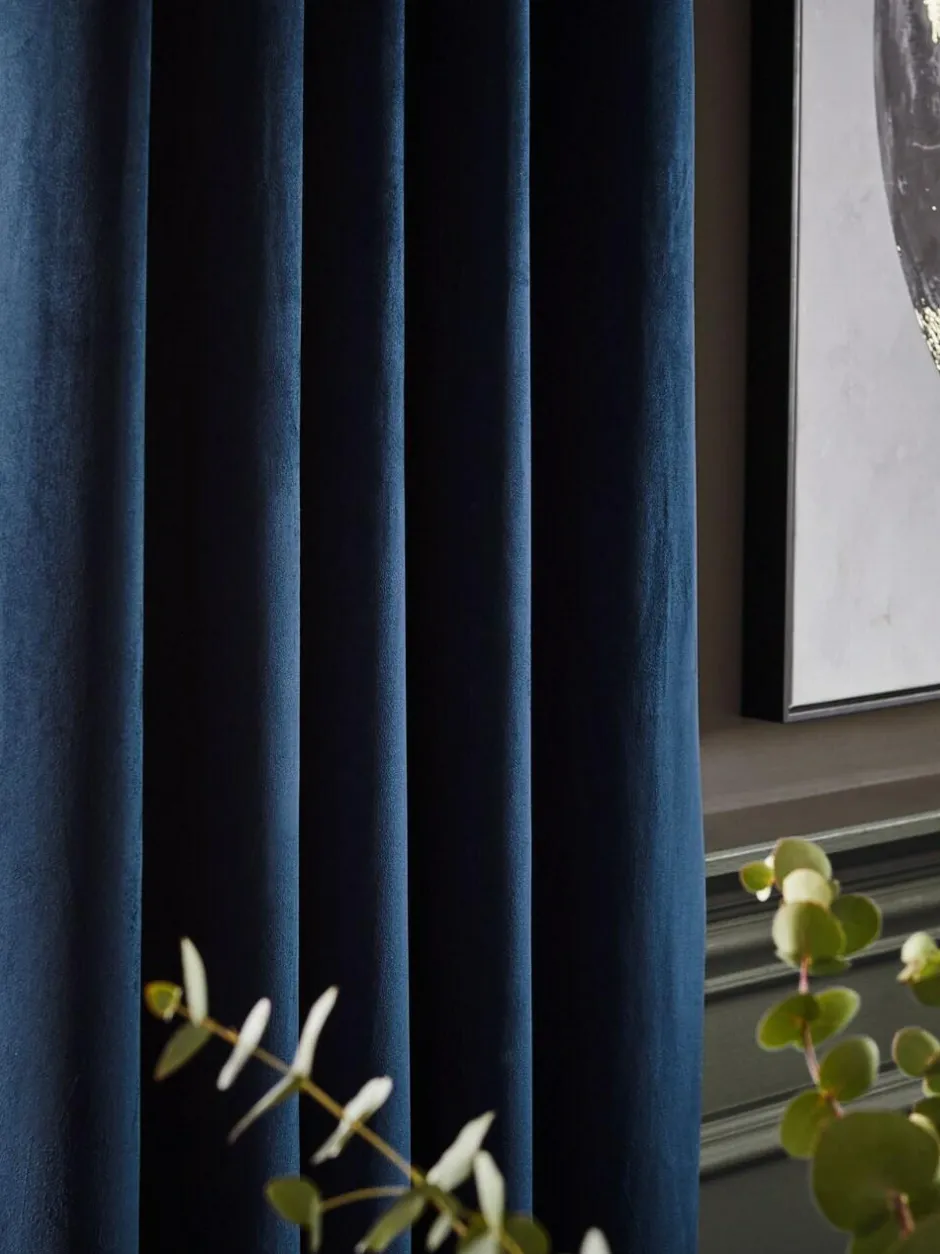 Next Blue Dark Navy Matte Velvet Super Thermal Curtains Sale
