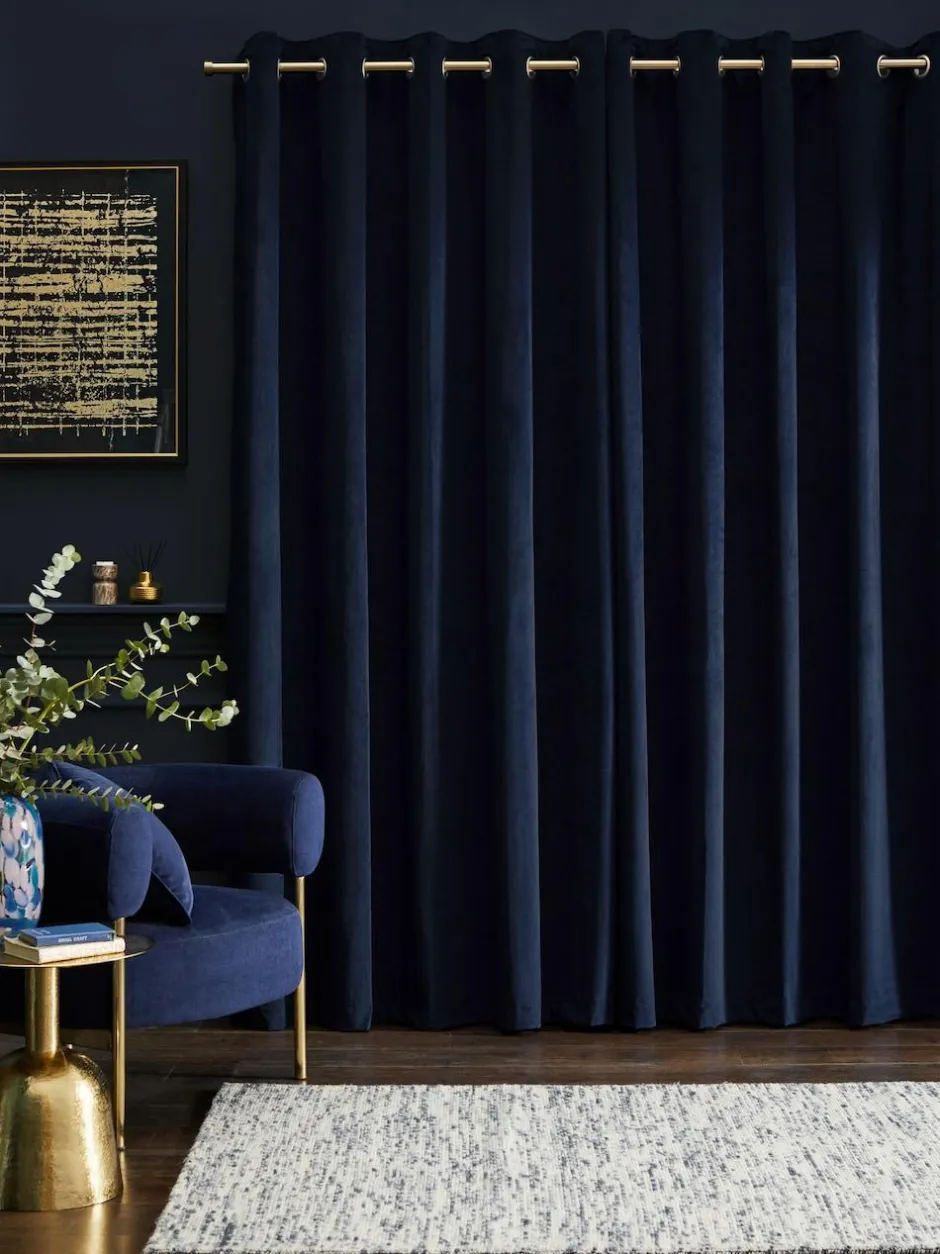 Next Blue Dark Navy Matte Velvet Lined Curtains Hot
