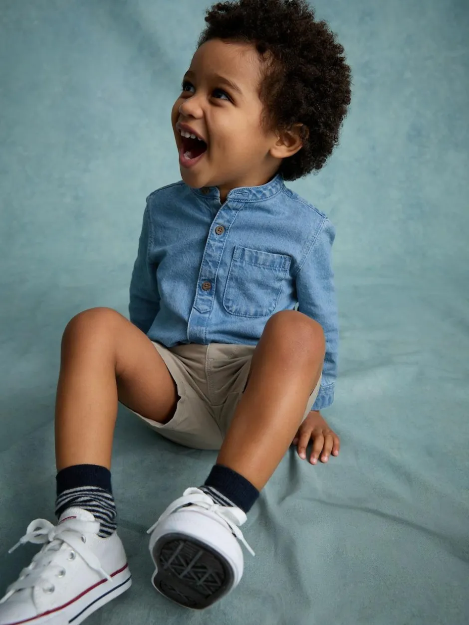 Next Blue Denim 100% Cotton Long Sleeve Grandad Collar Denim Shirt (3mths-7yrs)