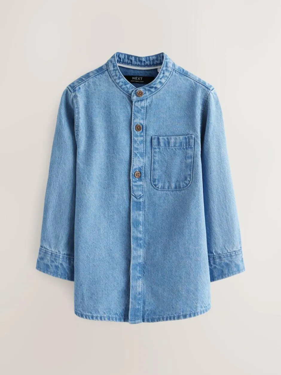Next Blue Denim 100% Cotton Long Sleeve Grandad Collar Denim Shirt (3mths-7yrs)