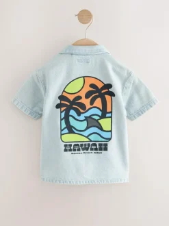 Next Blue Denim Short Sleeve Revere Collar Backprint Shirt (3mths-7yrs) Discount