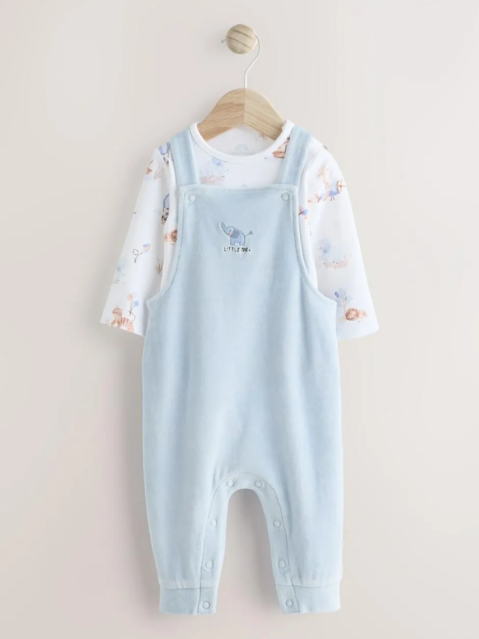 Next Baby Velour Dungarees and Bodysuit Set (0mths-3yrs) Blue Elephant Print Hot