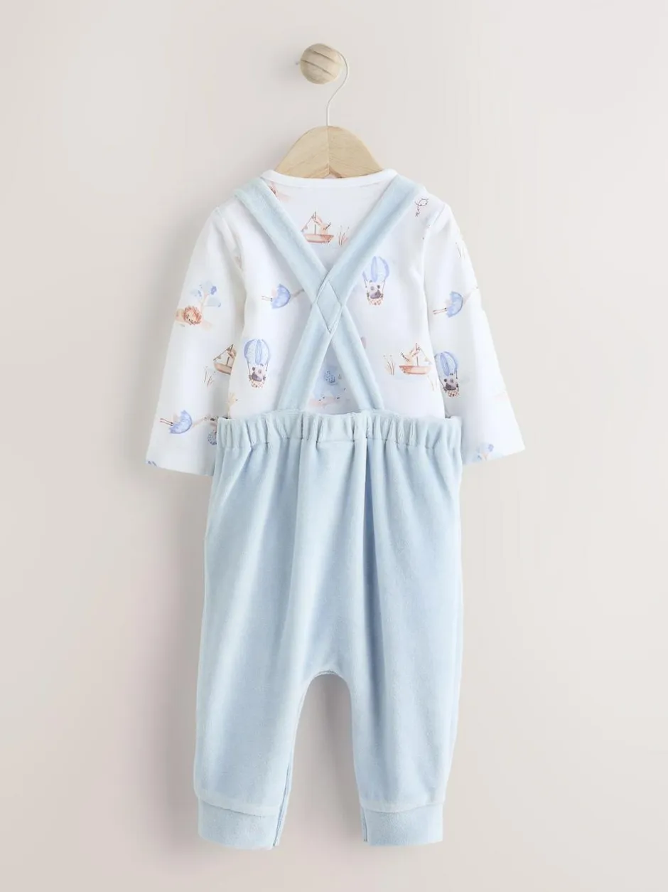 Next Baby Velour Dungarees and Bodysuit Set (0mths-3yrs) Blue Elephant Print Hot