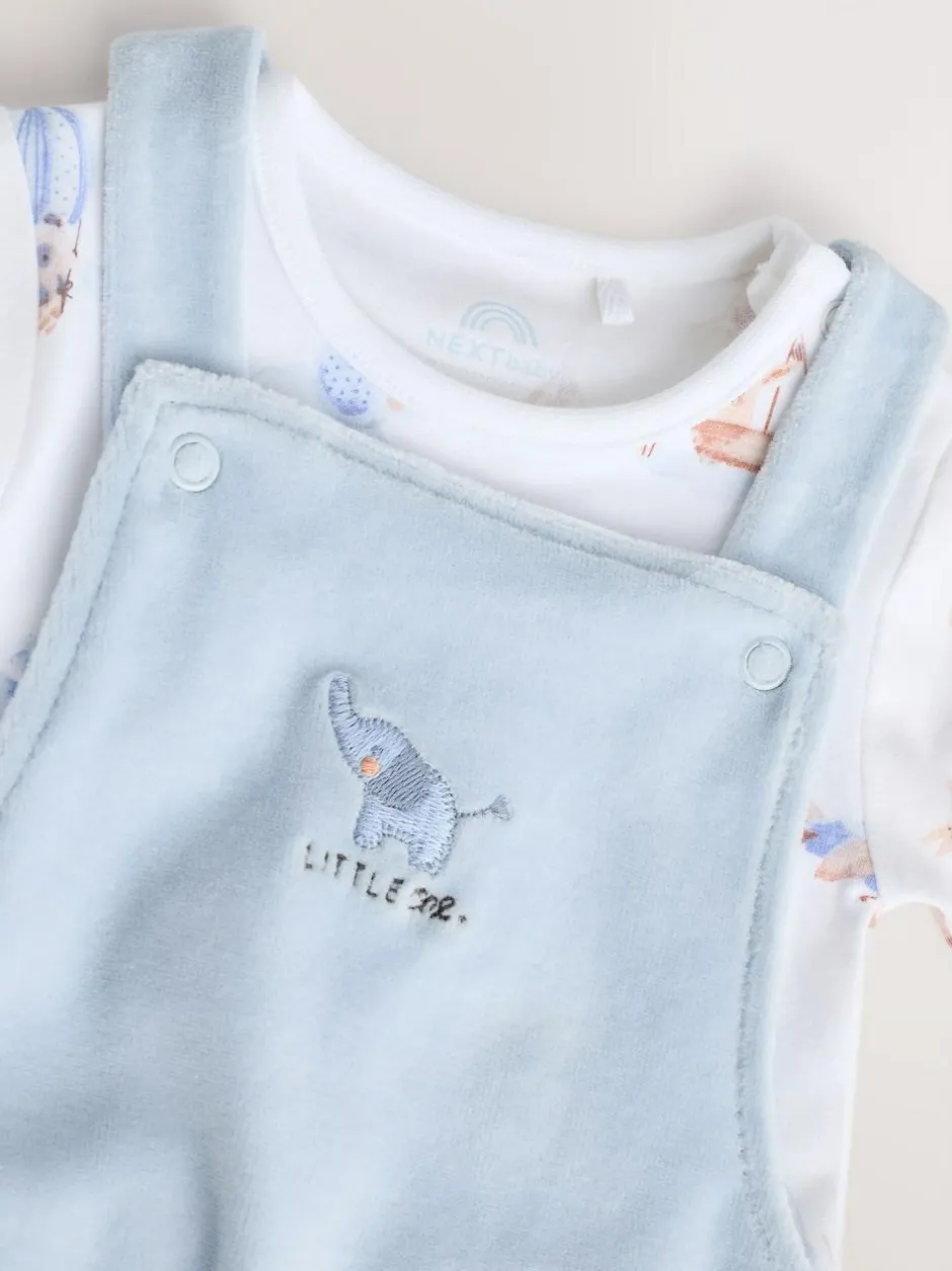 Next Baby Velour Dungarees and Bodysuit Set (0mths-3yrs) Blue Elephant Print Hot