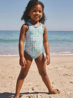 Next Lettuce Edge Swimsuit (3mths-7yrs) Blue Floral Gingham Best
