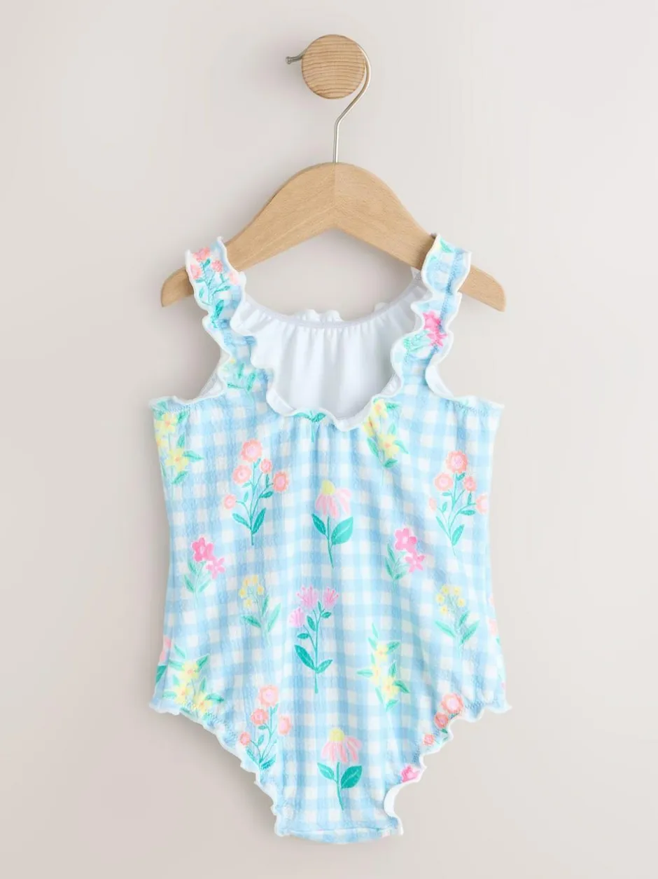 Next Lettuce Edge Swimsuit (3mths-7yrs) Blue Floral Gingham Best