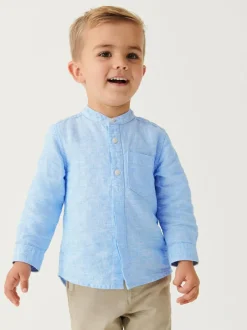 Next Grandad Collar Linen Mix Shirt (3mths-7yrs) Blue Outlet