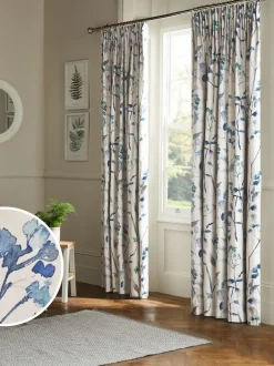 Next Isla Floral Print Pencil Pleat Blackout/Thermal Curtains Blue