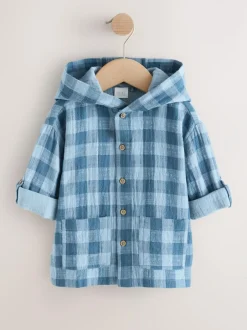 Next Blue Long Sleeve Check Hooded Shirt (3mths-7yrs) New