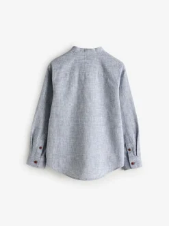Next Long Sleeve Grandad Collar Cotton/Linen Mix Texture Shirt (3-16yrs) Blue Discount
