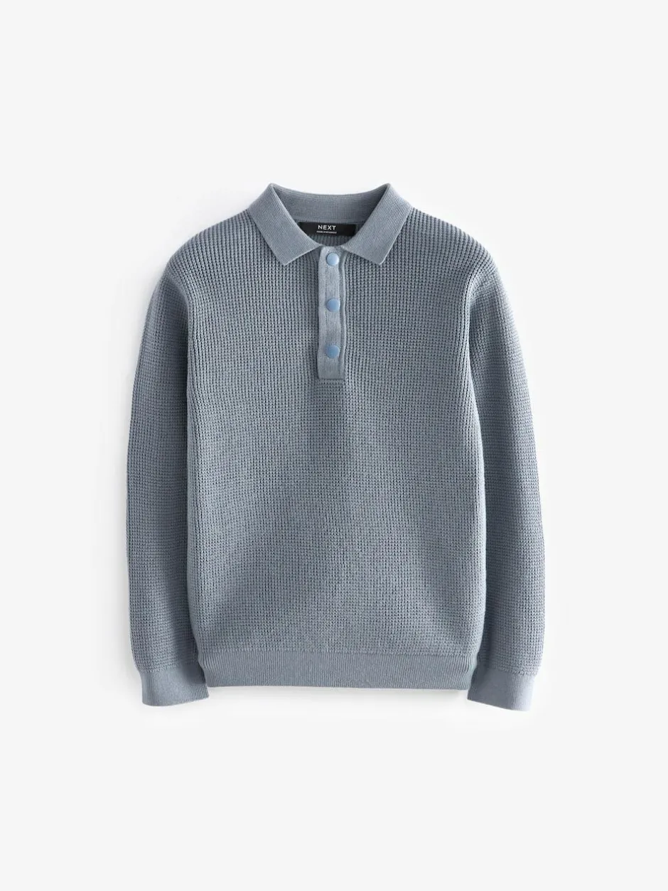 Next Blue Long Sleeve Textured Polo Shirt (3-16yrs) Hot