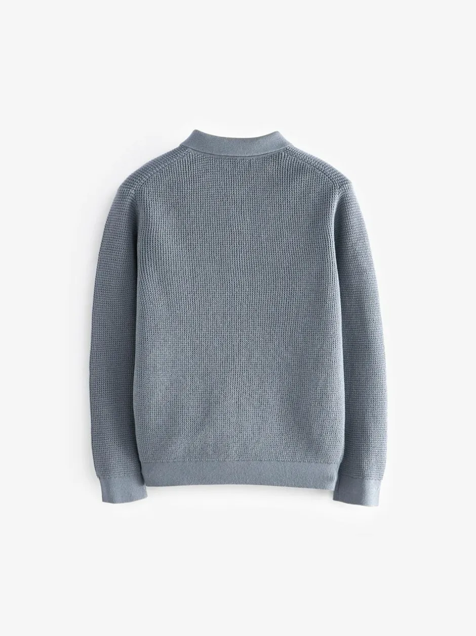 Next Blue Long Sleeve Textured Polo Shirt (3-16yrs) Hot