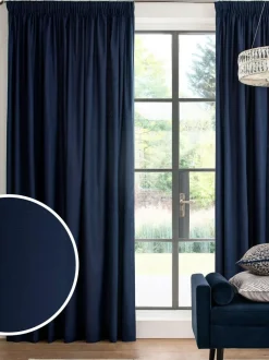 Next Blue Navy Cotton Blackout/Thermal Pencil Pleat Curtains Discount