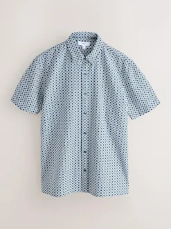 Next Printed Stretch Oxford Short Sleeve Shirt Blue Clearance