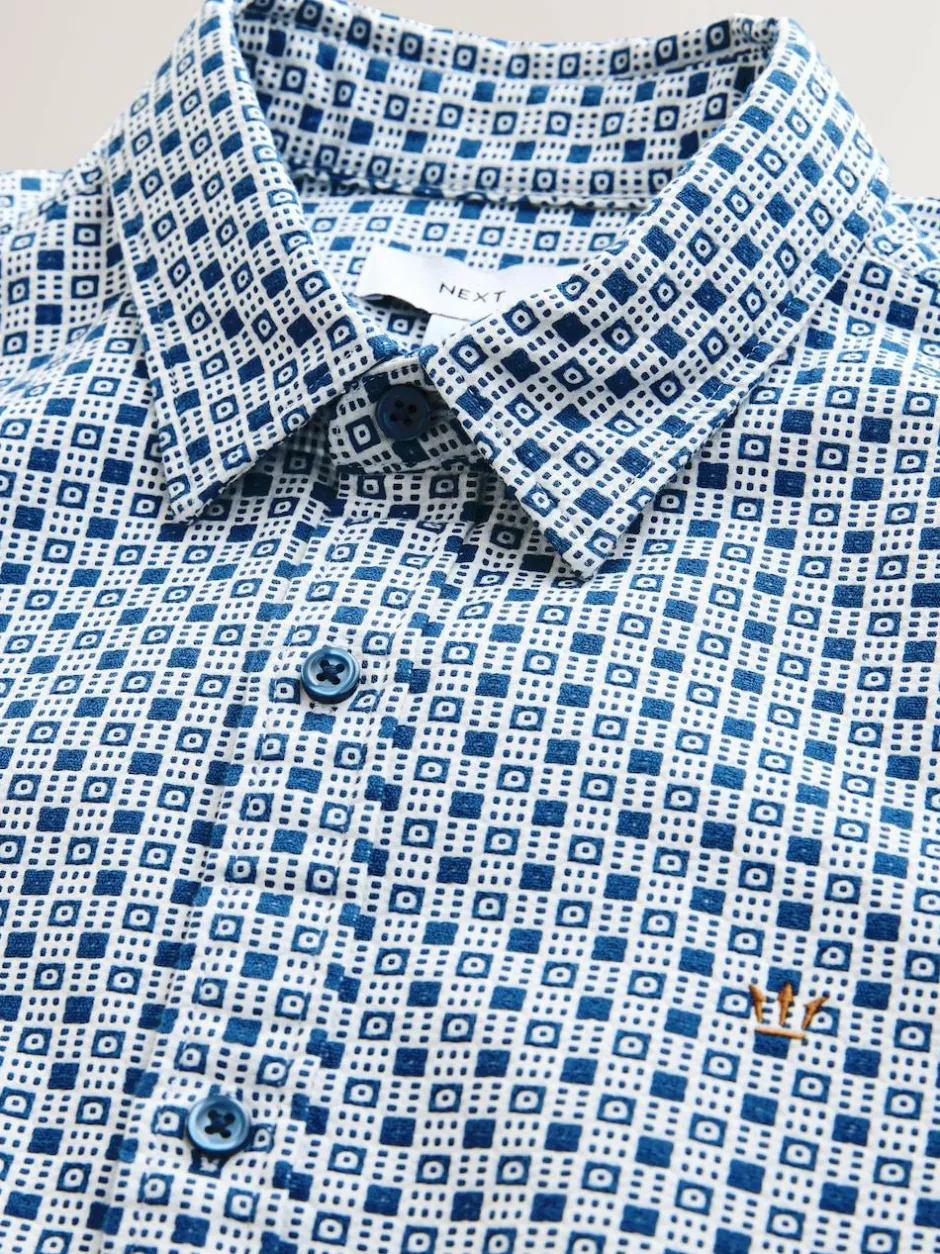 Next Printed Stretch Oxford Short Sleeve Shirt Blue Clearance