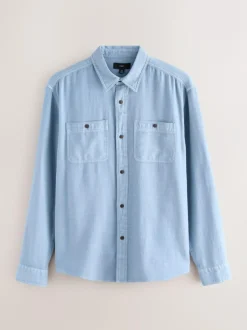 Next Regular Fit Textured Twin Pocket Long Sleeve Shirt Blue Online