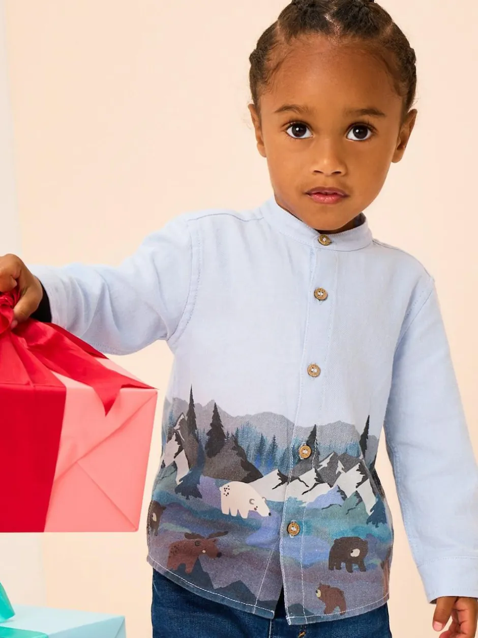 Next Long Sleeve Grandad Christmas Printed Shirt (3mths-10yrs) Blue Scene