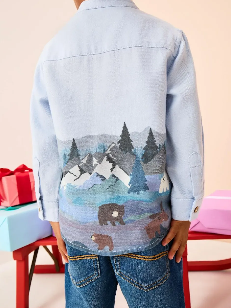Next Long Sleeve Grandad Christmas Printed Shirt (3mths-10yrs) Blue Scene