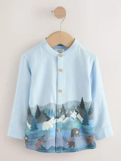 Next Long Sleeve Grandad Christmas Printed Shirt (3mths-10yrs) Blue Scene