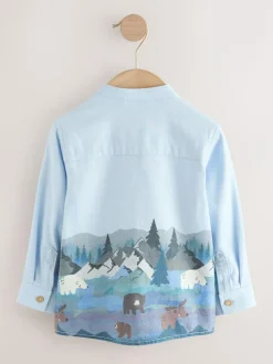 Next Long Sleeve Grandad Christmas Printed Shirt (3mths-10yrs) Blue Scene
