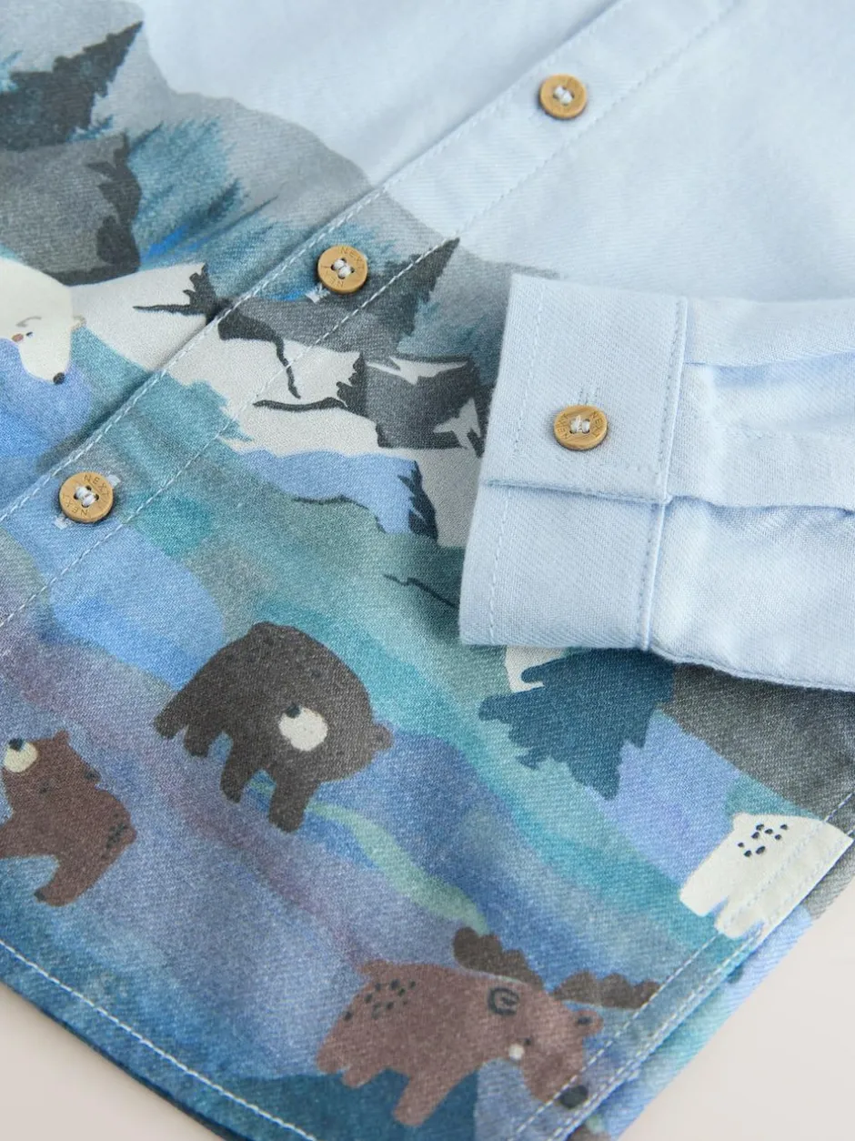 Next Long Sleeve Grandad Christmas Printed Shirt (3mths-10yrs) Blue Scene