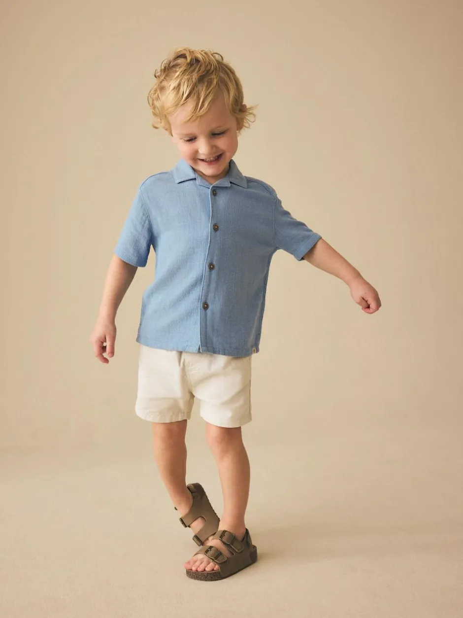 Next Short Sleeves Linen Blend Revere Collar Shirt (3mths-7yrs) Blue Clearance