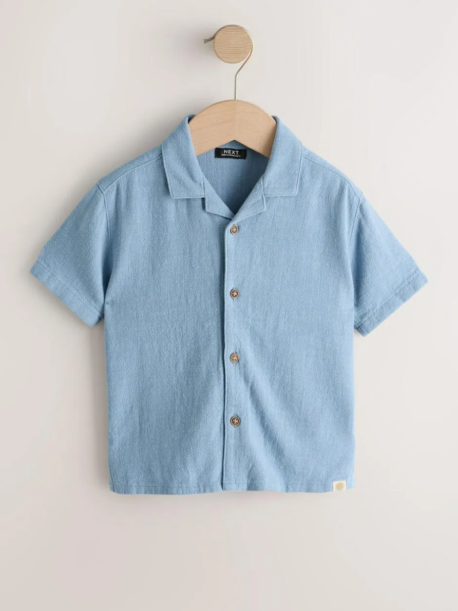 Next Short Sleeves Linen Blend Revere Collar Shirt (3mths-7yrs) Blue Clearance