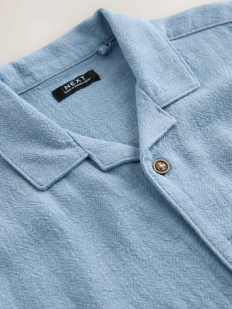 Next Short Sleeves Linen Blend Revere Collar Shirt (3mths-7yrs) Blue Clearance