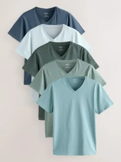 Next Slim Fit 100% Cotton V-Neck Layering T-Shirts 5 Pack Blue New